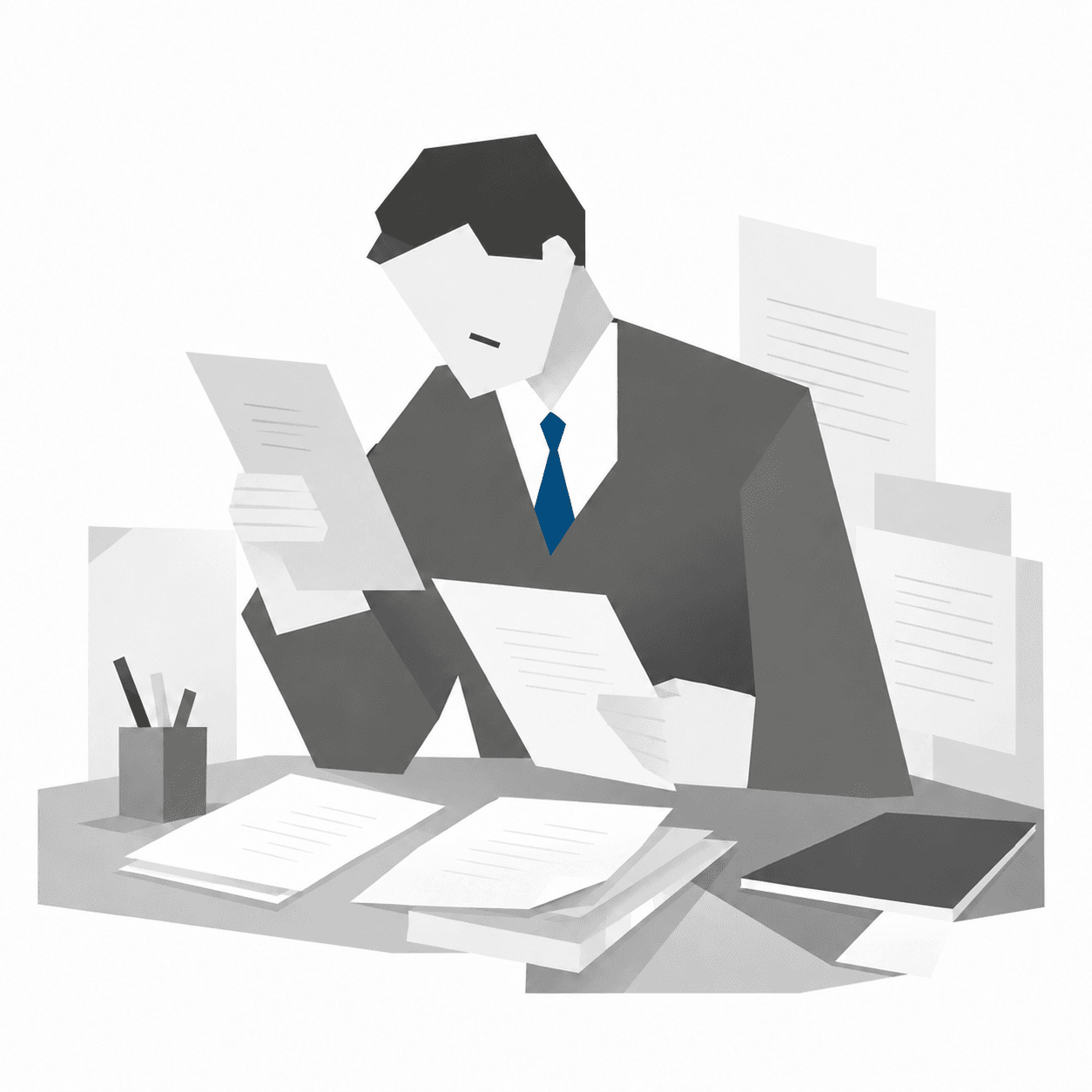Illustration of a researcher organizing prior studies and a research plan