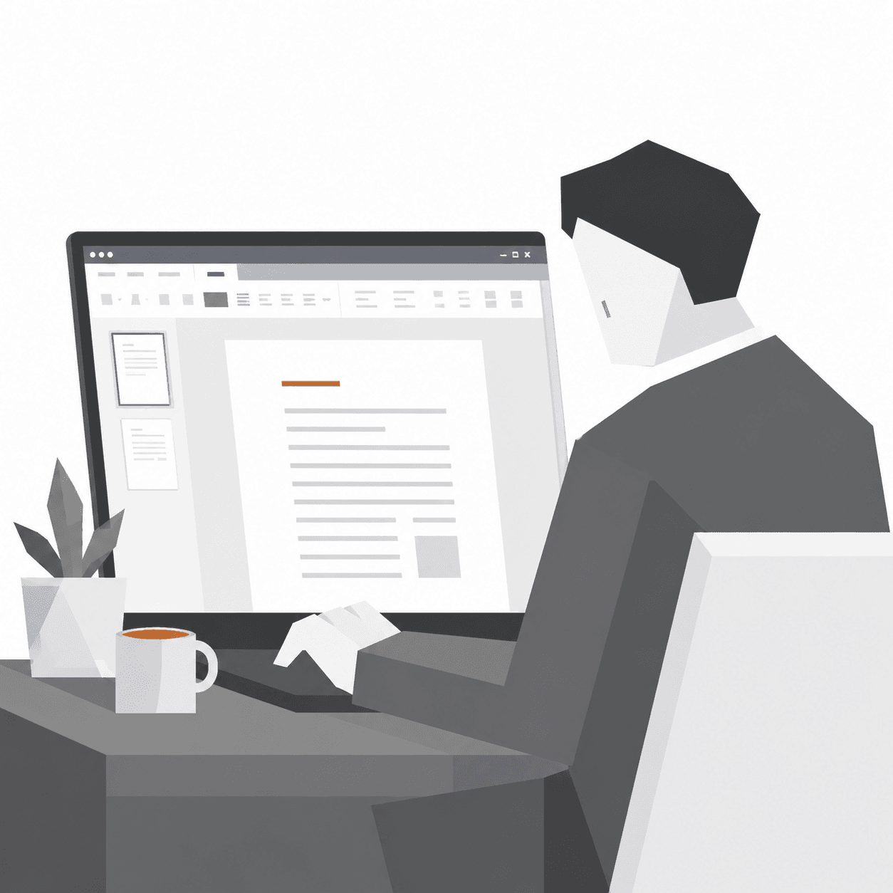 Word で研究計画調書の最終編集を進める研究者のイラスト