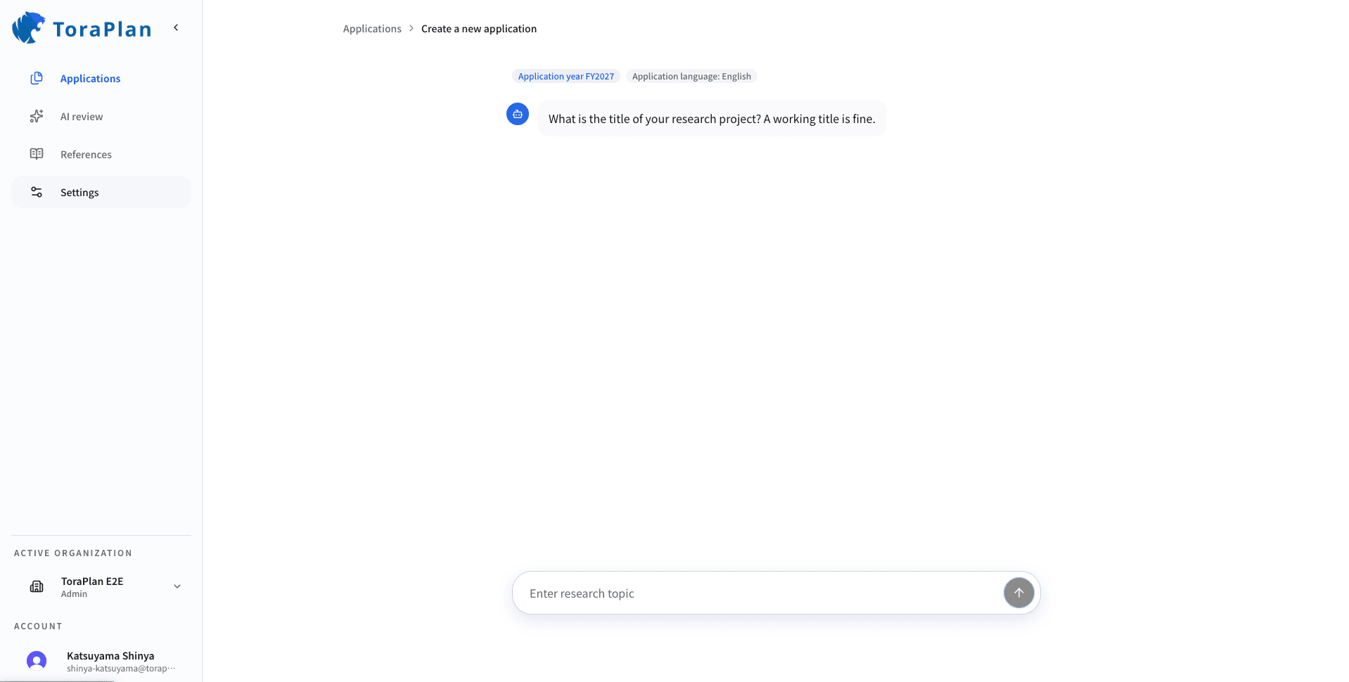 ToraPlan asking for a research topic in its guided chat interface