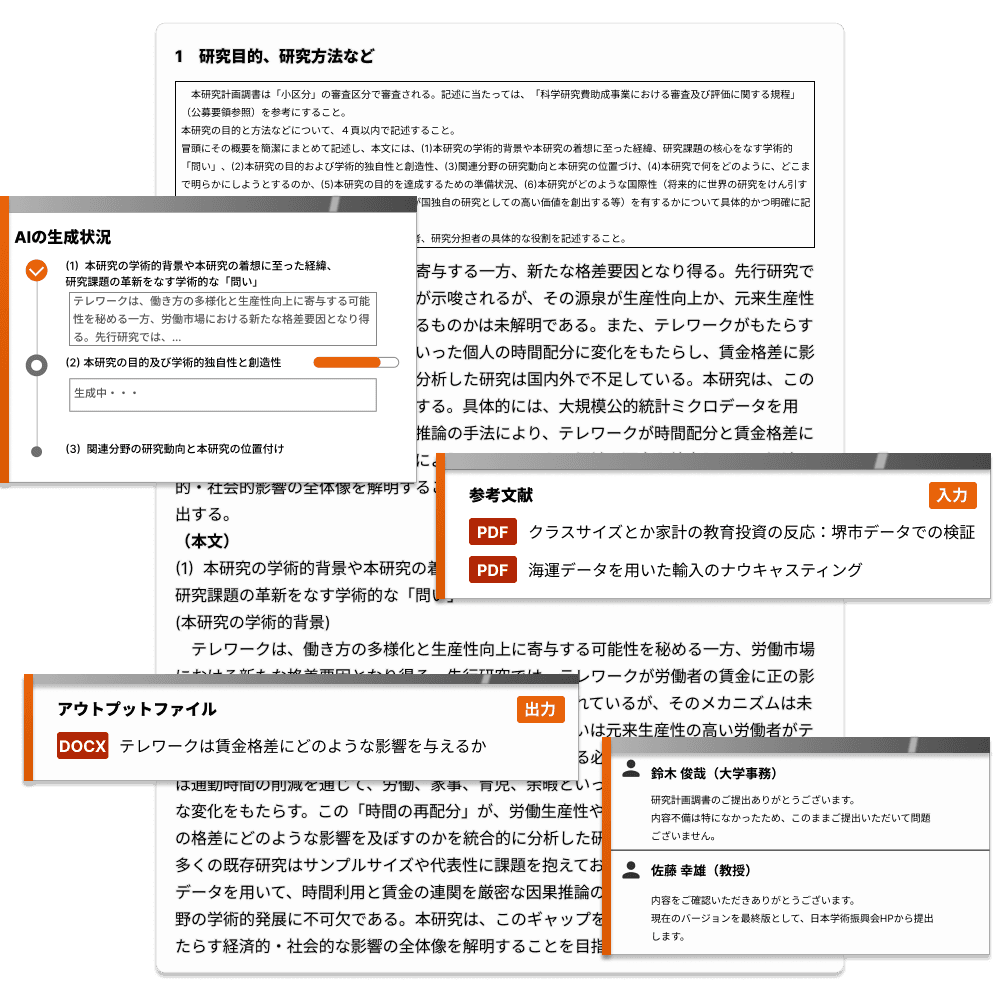 研究計画調書の作成状況、参考文献、出力ファイル、大学事務コメントが重なって表示されるToraPlanの利用イメージ